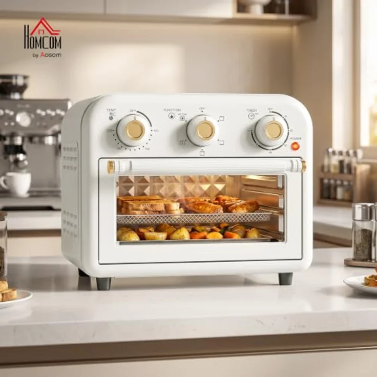 HOMCOM Minibackofen Heißluftfritteuse 2-in-1 mit 12 l und 1200 W, cremeweiß-gold, mit Backblech und Frittierkorb – Bild 2