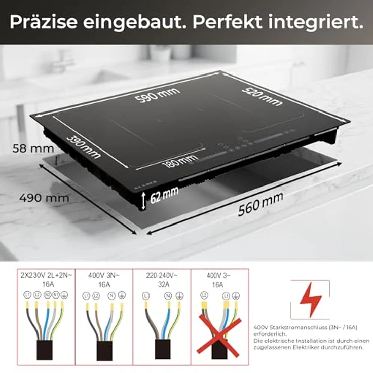 KLAMER Induktionskochfeld 60 cm, 4 Zonen mit 2 Flexzonen, 7400 Watt, Boost Funktion, 9 Leistungsstufen, Timer bis 99 min, Kindersicherung, kratzfeste Glasoberfläche – Bild 4