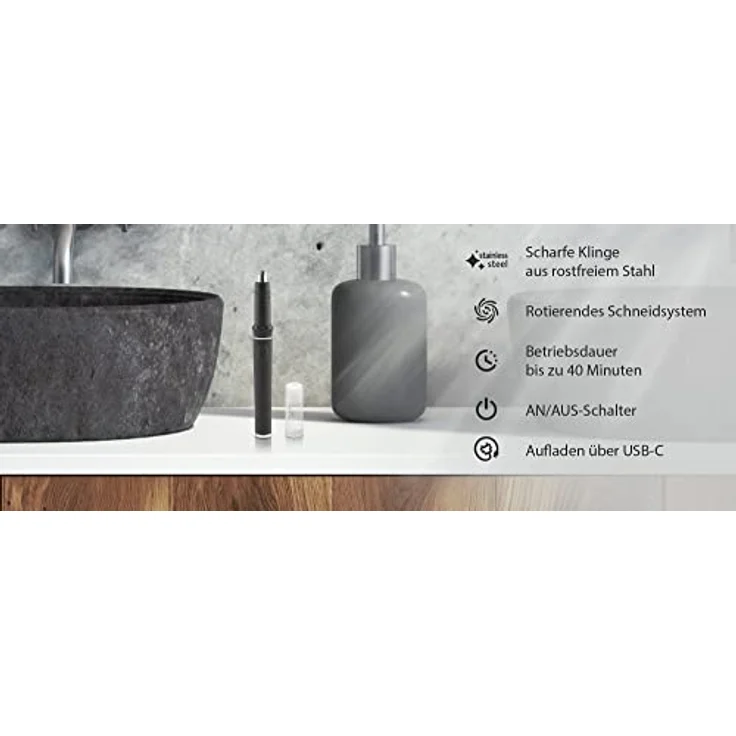 ETA Nasenhaarschneider Jake - Rotatierendes Schneidystem, Betrieb 40min, USB-C Aufladen, Grau – Bild 2