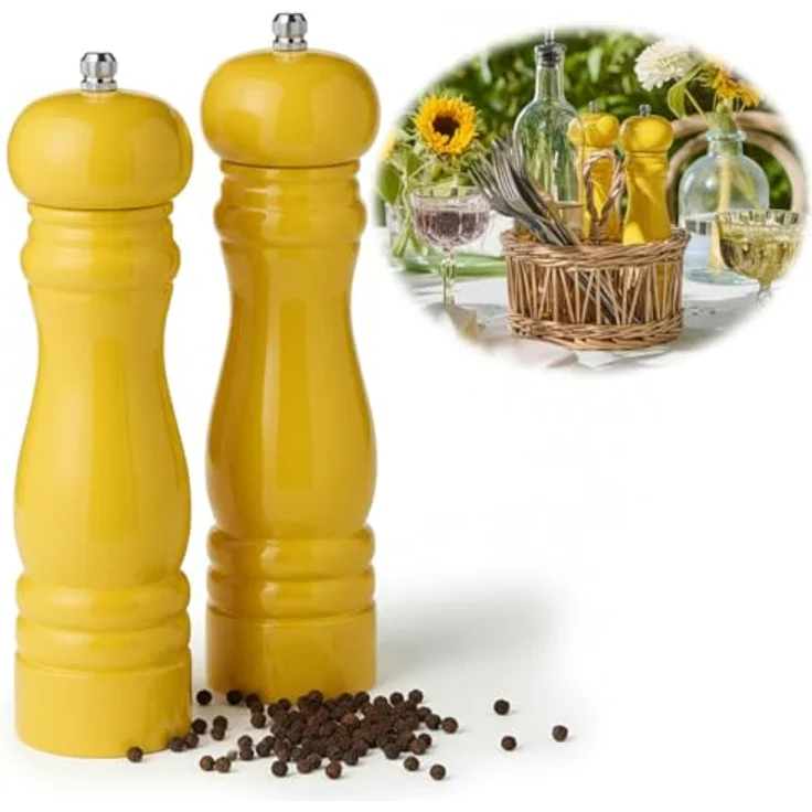 LS-LebenStil Salz-/Pfeffermühle Set iB Laursen, manuelle Holz-Gewürzmühle in Gelb, 21x5cm, stufenlos einstellbares Keramikmahlwerk für grobes Salz und schwarze Pfefferkörner, 2 Stück – Bild 3