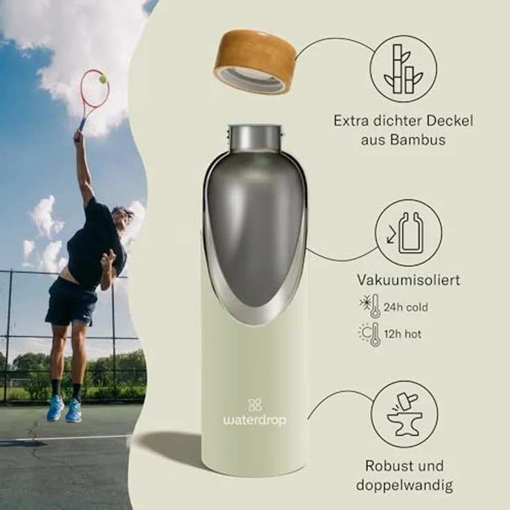 waterdrop® Steel Bottle 600ml, isolierte Edelstahl Trinkflasche, auslaufsicher, 24h kalt, 12h heiß, doppelwandig, bruchsicher, kohlensäuregeeignet – Bild 2