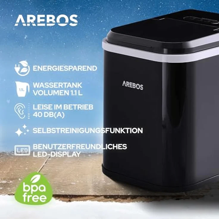 Arebos Eiswürfelmaschine | Ice Cube Maker | 12 kg / 24 h | 10-15 Minuten Produktionszeit | 1,1 Liter Wassertank | Eiswürfelbereiter | Leise | Selbstreinigungsfunktion | Schwarz – Bild 3