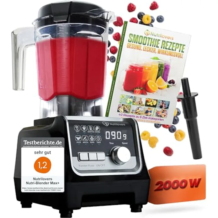 Nutrilovers NUTRI-BLENDER MAX+ Hochleistungsmixer 2000W mit 2L BPA-freiem Tritanbehälter, 9 Geschwindigkeitsstufen, Digital-Timer und Rezeptbuch für Smoothies