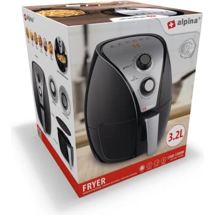 alpina Heißluftfritteuse Airfryer, ohne Öl, XL 3,2 Liter Fassungsvermögen, 80-200 Grad, 1500 Watt, Schwarz, Kunststoff – Bild 9