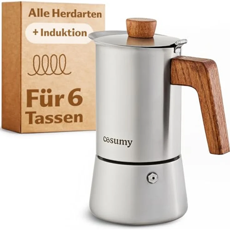 Cosumy Espressokocher, Induktionsgeeignet, aus Edelstahl und FSC-zertifiziertem Eichenholz, 300 ml Fassungsvermögen – Bild 1