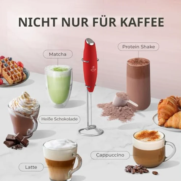 Zulay Kitchen Elektrischer Milchaufschäumer Stab, kompakt und leistungsstark, für cremigen Milchschaum in Sekunden - Rot – Bild 3