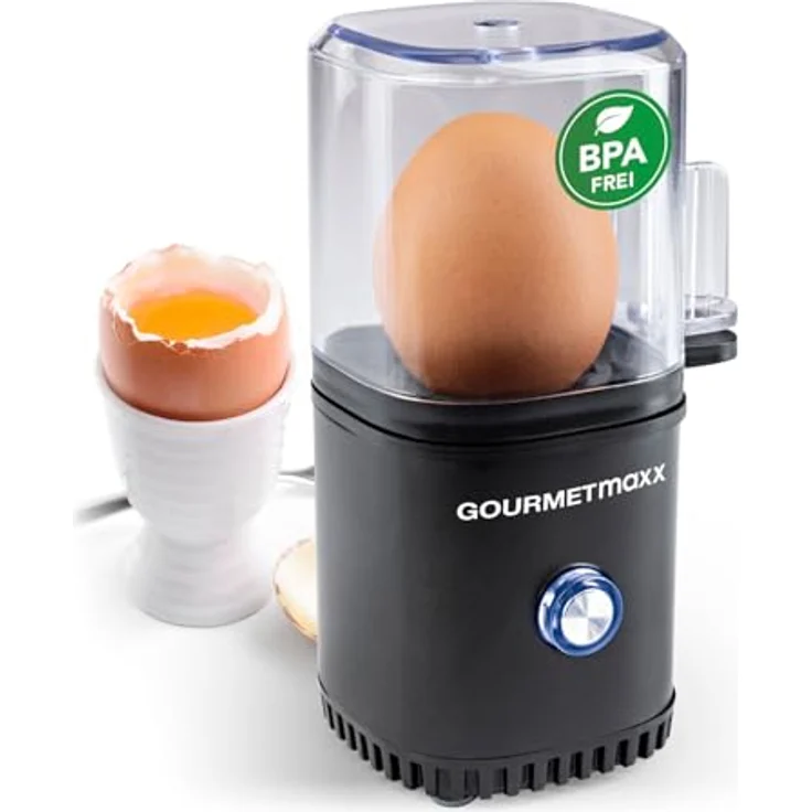 GOURMETmaxx Mini Eierkocher für 1 Ei, kompakt mit Eierstecher und 3 Härtegraden, spülmaschinenfeste Teile, schwarz – Bild 1