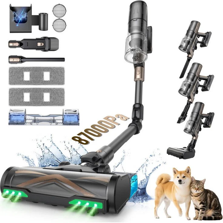 Proscenic Akku-Hand- und Stielstaubsauger P10, kabellos, 87000PA Saugkraft, 680W, 70Min Akku-Laufzeit, Teppicherkennung, beutellos, Wischfunktion, LED-Display