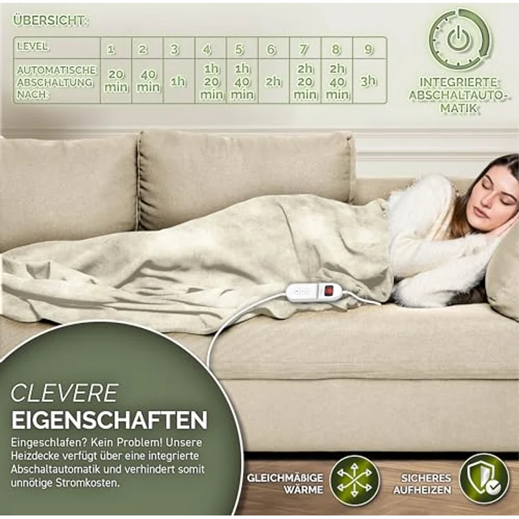 sinnlein Heizdecke aus Plüsch 200 x 180 cm creme elektrische Wärmedecke mit Abschaltautomatik und Timer 9 Temperaturstufen waschbar – Bild 6
