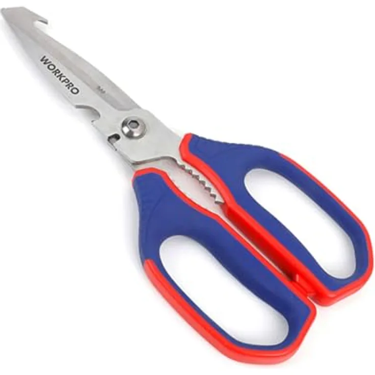 Workpro Küchenschere, Edelstahl, 25 cm, mit Flaschenöffner und Nussknacker, Blau/Rot