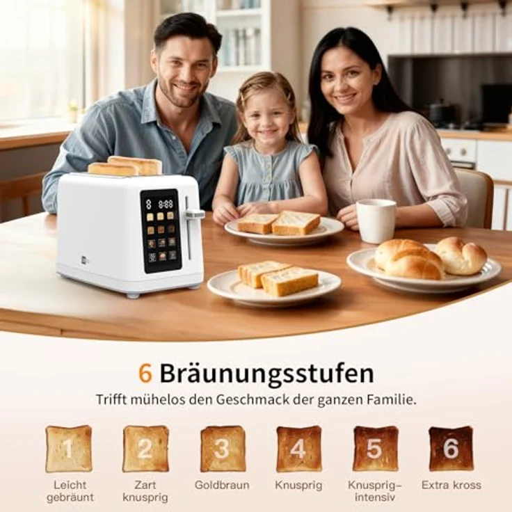 aeco toastlab MAX Toaster 2 Scheiben, LED Touchscreen, 850W, 6 Bräunungsstufen, Brötchenaufsatz, Auftaufunktion, Liftfunktion, weiß – Bild 4