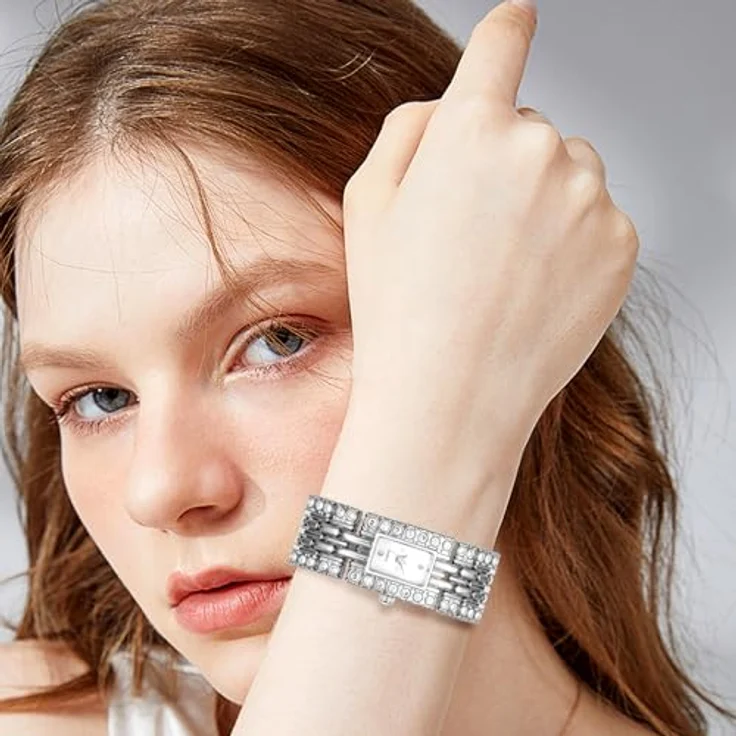 JewelryWe Damenuhr Rechteckig, Luxuriöse Analog Quarz Armbanduhr mit vollen Diamantdetails, Silber Metallarmband, Ultrahochdünn, Elegantes Eckiges Zifferblatt – Bild 3