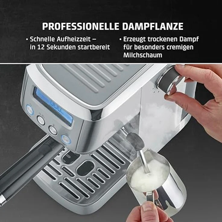 CASO EspressoGourmet Crema, Edelstahl Siebträgermaschine mit 20 bar ULKA-Pumpe, Milchaufschäumer, LCD-Display und abnehmbaren Wassertank – Bild 5