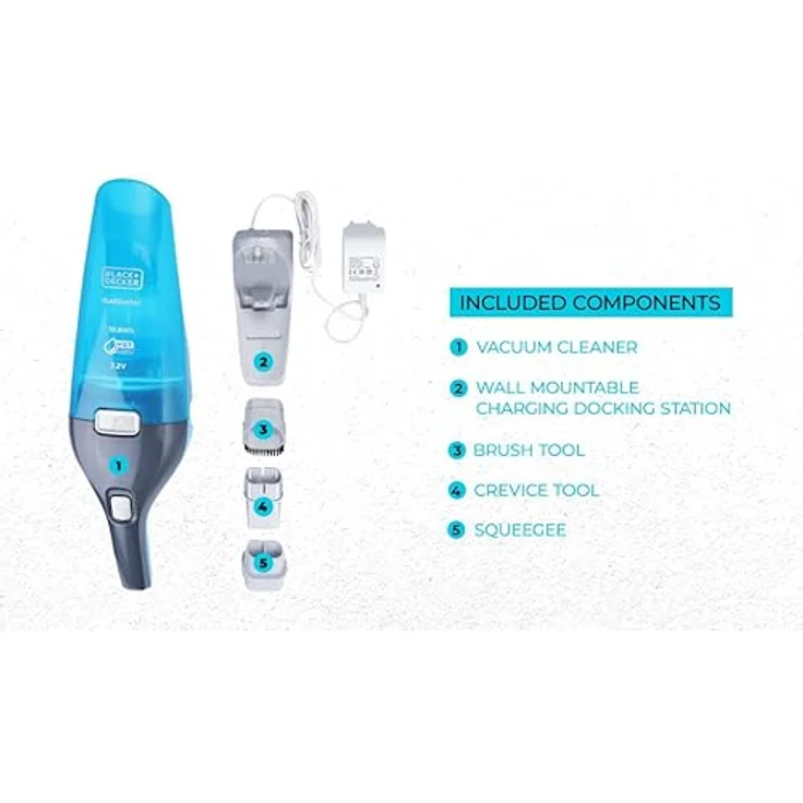 Black + Decker 2-in-1 Nass-Trocken-Handsauger (7.2V, Gummilippe für Nassreinigung aufsteckbar, transparenter Schmutzfangbehälter, inkl. Ladestation mit Wandhalterung, Bürste & Gummilippe) WDC215WA – Bild 4
