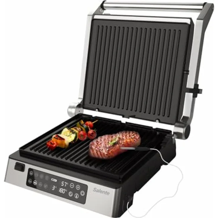 SALENTE FlamePro Kontaktgrill, Elektrogrill mit externem Temperaturfühler, 2200 W, 8 Programme, antihaftbeschichtete Grillplatte, abnehmbare Platten, für fettfreies Grillen