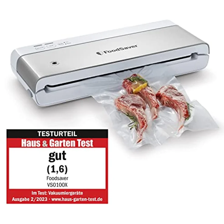 FoodSaver kompaktes Vakuumiergerät mit Handheld-Vakuumierer | 1 Rolle & 4 Beutel | Silber mit weißen Akzenten [VS0100X] – Bild 1