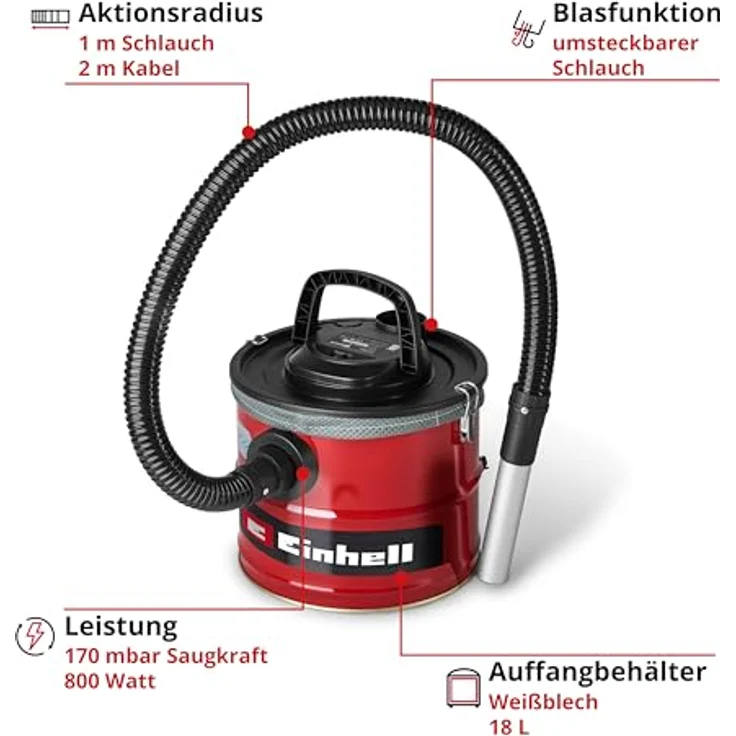 Einhell TC-AV 1830 D, Aschesauger mit 18l Behälter, 800 Watt, Faltenfilter und Blasfunktion – Bild 2