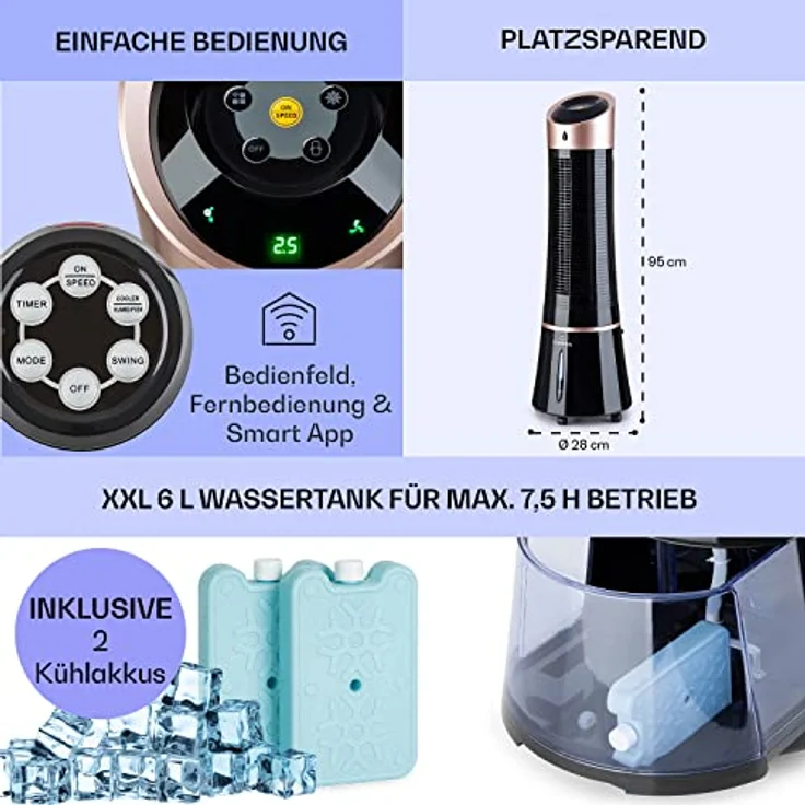 Klarstein Skyscraper Ice Smart, 4-in-1 Luftkühler & Ventilator mit Wasserkühlung, Luftreiniger und Luftbefeuchter, 210 m³/h, ohne Abluftschlauch – Bild 6
