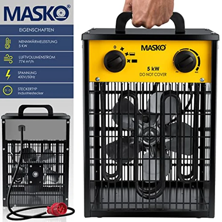 Masko® Elektroheizer Heizlüfter Bauheizer 5 KW mit integriertem Thermostat elektrisch Heizgerät 5000 Watt 3 Heizstufen Heizgebläse für Innen- und Außeneinsatz Überlastschutz Elektroheizgebläse Gelb – Bild 2