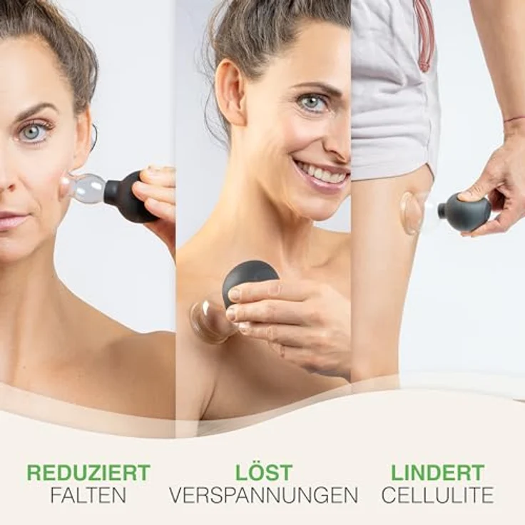 BACKLAxx® Massagegerät Schröpfgläser, 5-teilig 7-tlg., 5x Glocken, 1x Faszienschaber, 1x Mikrofasertuch, medizinisches Glas – Bild 4