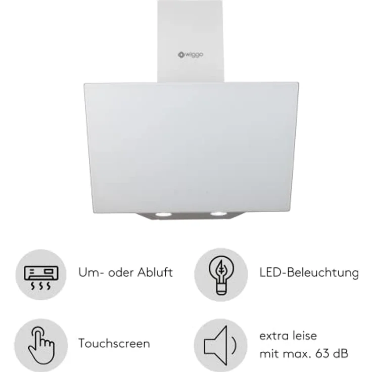 Wiggo Dunstabzugshaube 60cm kopffrei I Abluft Umluft Dunstabzug 300m³/h - LED Touch-Display 3 Stufen I Schräghaube inkl. Fettfilter & 2 x Kohlefilter I Abzugshaube mit Glasfront weiß – Bild 2