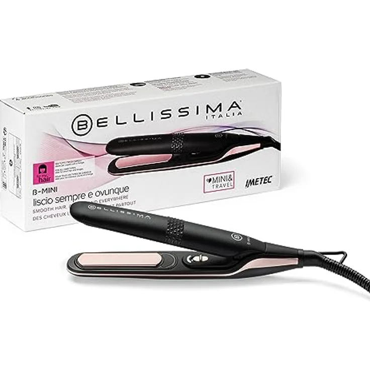 Bellissima Mini-Haarglätter für Tasche und Reisen, für glattes Haar jederzeit, überall, kompakt, leicht, Keramikbeschichtung, Temperatur 200 °C, automatische Mehrfachspannung, Beauty Bag – Bild 1