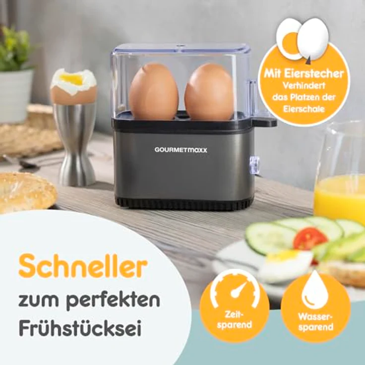 GOURMETmaxx Eierkocher Anthrazit für 2 Eier, Egg Boiler mit Eierstecher, 3 Härtegrade, spülmaschinenfeste Teile, kompakt und platzsparend – Bild 5