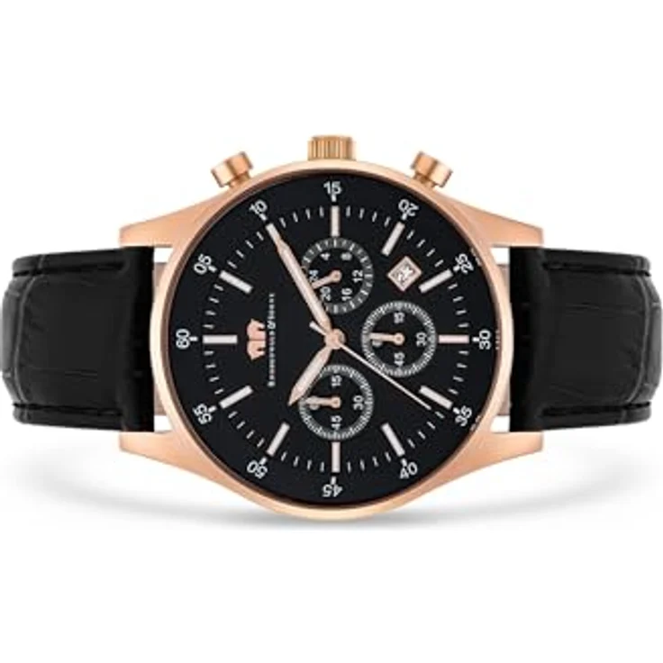 Rhodenwald & Söhne Chronograph Goodwill schwarz, Edelstahl Armbanduhr für Herren mit Quarzwerk und Lederarmband – Bild 4