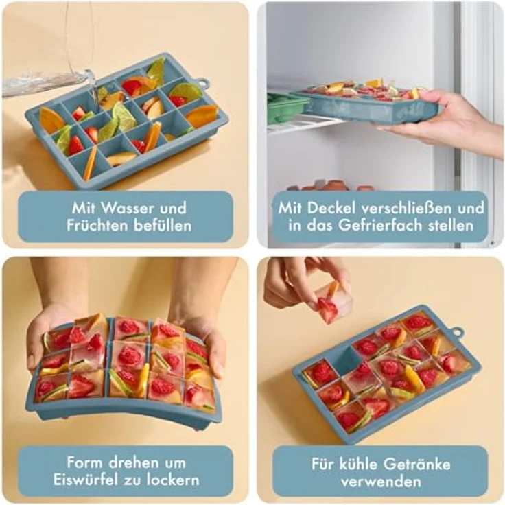 Blumtal Eiswürfelformen Silikon 3er Set, 6er Eiswürfelform mit Deckel, BPA-frei, lebensmittelecht, Graublau + Graublau + Hellblau – Bild 5