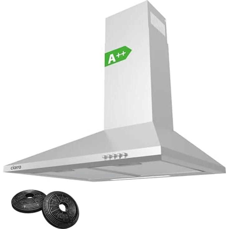 CIARRA CBCB6201 A++ Dunstabzugshaube 60cm Umluft 370m³/h Pyramide Wandhaube mit CBCF002X2 Aktivkohlefilter 3 Leistungsstufen, Silber – Bild 1