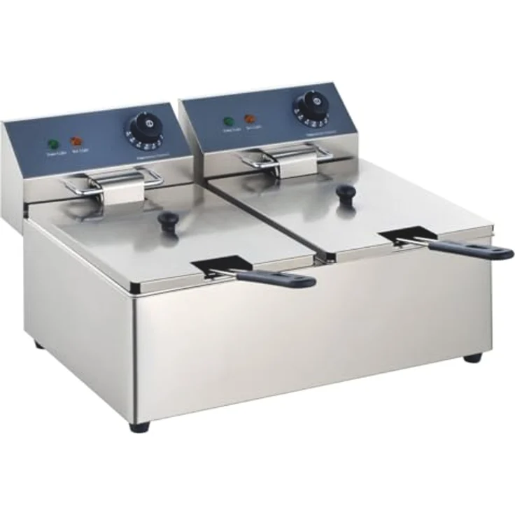 GastroHero Doppelfritteuse EF-ECO6_6, Edelstahl-Doppelfritteuse mit 2x 6 Liter Becken, zwei Thermostaten und Überhitzungsschutz für Gastronomie und Restaurants – Bild 1