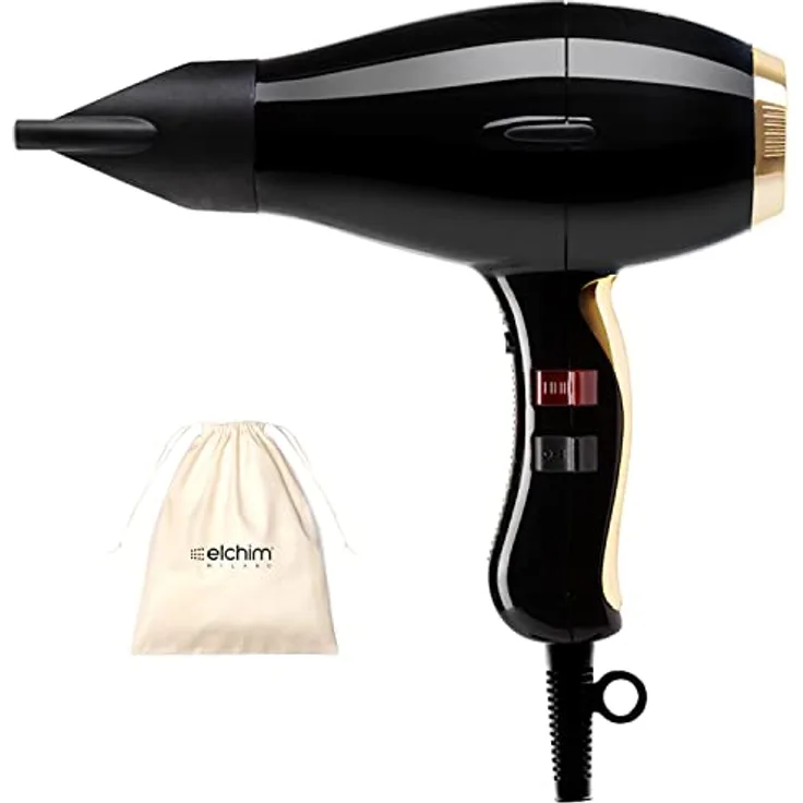 Phon für Haare Elchim 3900 Healthy Ionic Schwarz & Gold mit Schuko-Stecker und Baumwolltasche - Professioneller Haartrockner Made in Italy - Leicht und leise, 30% reduzierte Trocknungszeit, 2400W