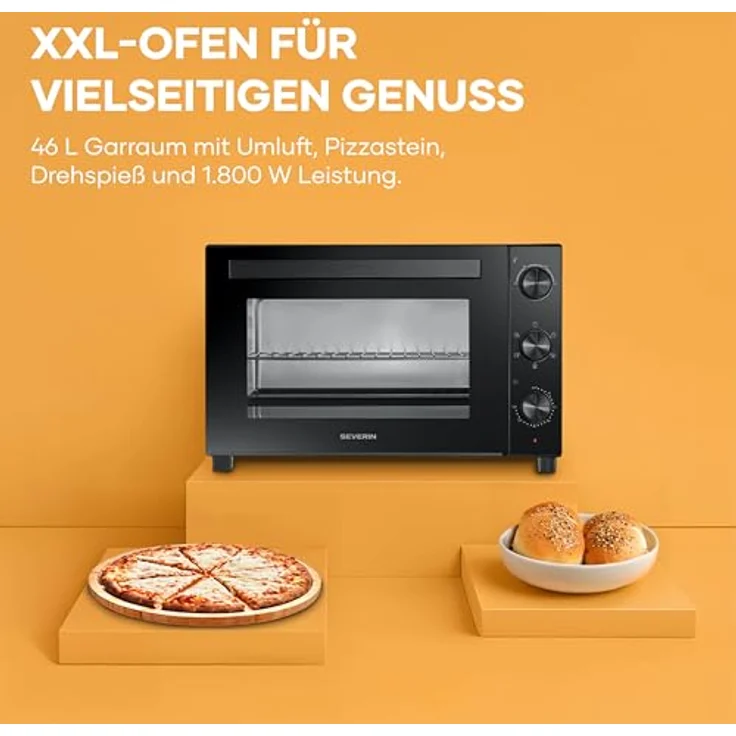 Severin TO 9025 Minibackofen, elektrisch mit 1800 W, schwarz, Grill- und Heißluftfunktion, höhenverstellbarer Grillrost – Bild 4