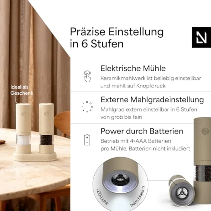 LARS NYSØM Elektrisches Salz- und Pfeffermühlen Set, Automatische Mühlen mit einstellbarem Keramikmahlwerk, batteriebetrieben, Taupe Brown, inkl. Untersetzer – Bild 2