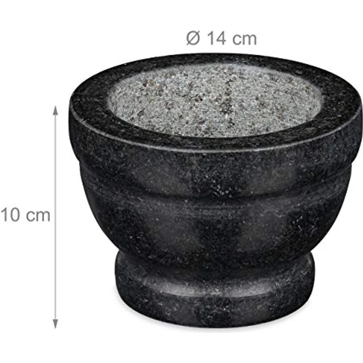 Relaxdays Granit Mörser mit Stößel, robust & langlebig, Gewürze, Kräuter, polierter Steinmörser, Ø 14 cm, 400 ml, grau – Bild 4