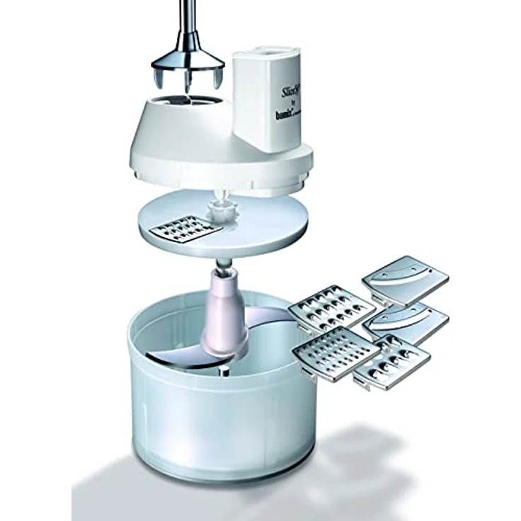 bamix Zubehör SliceSy für alle bamix Stabmixer ab 180 Watt, inkl. 5 Scheiben, Küchenmaschine multifunktional zum Schneiden, Mahlen, Hacken, Weiß – Bild 2