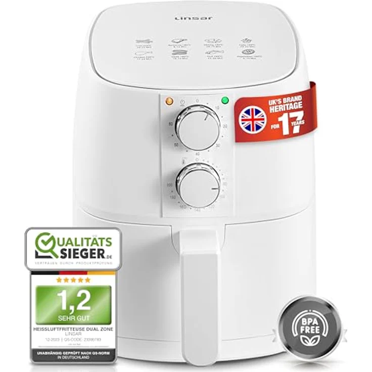 Linsar Heißluftfritteuse 4L, 1400 W, manuelle Bedienung über 2 Drehregler, fettfreies Frittieren und Backen – Bild 1