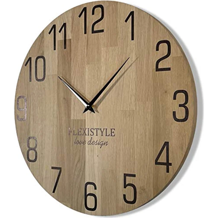FLEXISTYLE Wanduhr Natur Durchmesser 50cm holzoptik 100% Eiche, Holz modern, Wohnzimmer, ohne tickgeräusche … (50cm, Schwarz) – Bild 1