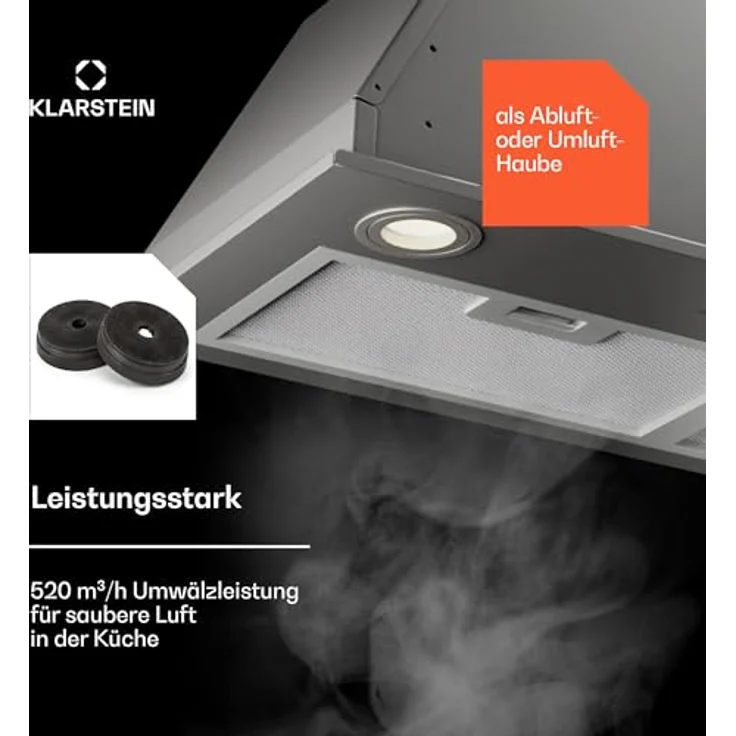 Klarstein Dunstabzugshaube 72cm, Abluft/Umluft-Dunstabzugshaube mit Filter, LED-Beleuchtung, Timer & Touch-Bedienfeld, Leise Einbau-Abzugshaube mit 439 m³/h Luftstrom, Edelstahl-Dunstabzug – Bild 3