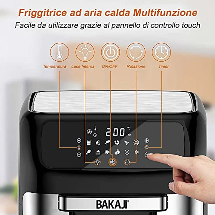 Bakaji Heißluftfritteuse, Kühlschrank, Trockengrill, ohne Öl, Airfryer Fassungsvermögen: 12 l, LED-Touch-Display 12 Programme, Timer-Einstellung, Temperaturregelung, Leistung 1800 W (schwarz) – Bild 3