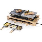 Bestron XL Raclette Grill, elektrisches Party-Raclette-Grill für bis zu 8 Personen, mit Naturgrillstein- & antihaftbeschichtete Grillplatte, inkl. großes Pfännchen-Set, 1.500 Watt, Holzdesign