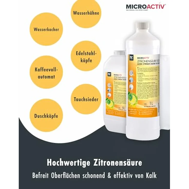 Höfer Chemie MICROACTIV Zitronensäure flüssig, 4 x 5 L, biologisch abbaubarer Entkalker für Kaffeevollautomaten, Wasserkocher & Dusche – Bild 2