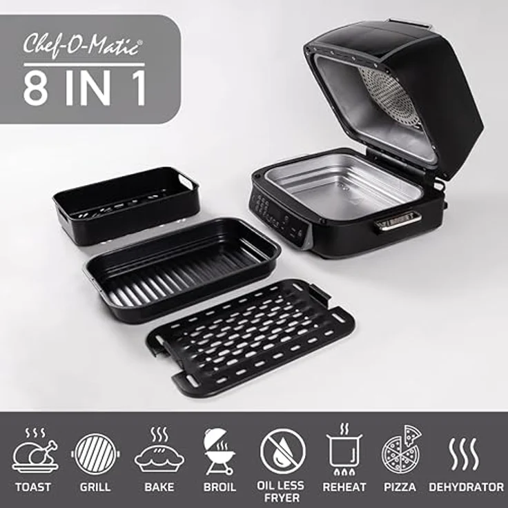 Chef o Matic 8-in-1 Heißluftfritteuse mit Grill, 1500w, Airfryer mit Schnellaufheizung, XL Heissluftfriteuse, Luft Frieuse zum Frittieren, Heißluftfritteuse + Zubehör, Grillplatte, Frittierkorb, Timer – Bild 3