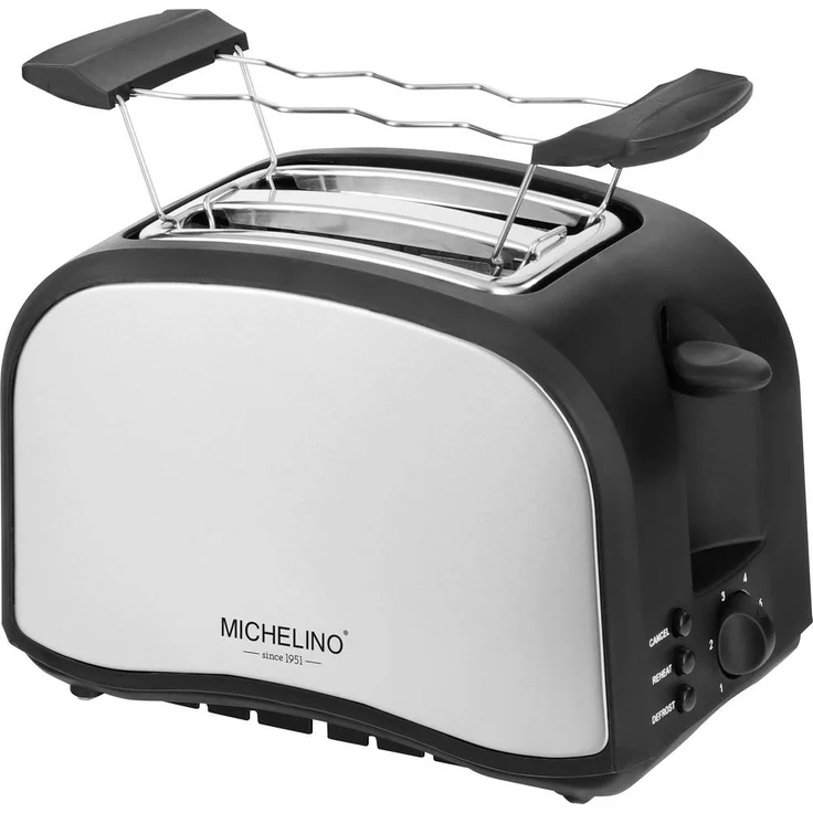 Michelino Toaster 2 Scheiben, Edelstahl Toaster Schwarz-Silber mit 800 Watt und 6 Bräunungsstufen, inkl. Brötchenaufsatz