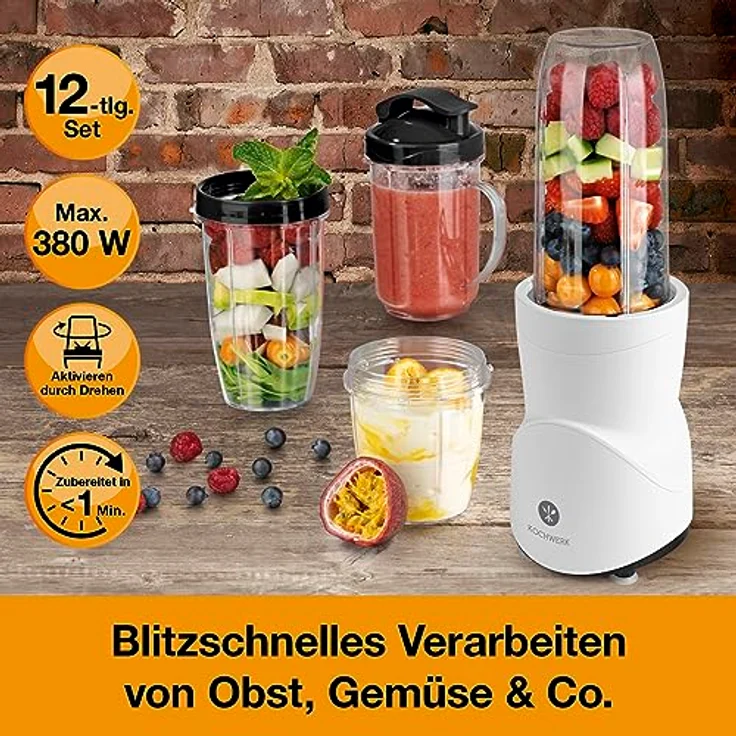 KOCHWERK Smoothie Maker 12-tlg | To-Go Deckel & 4 Mixbehälter | Weiß | Für Obst, Gemüse & Nüsse | Mit Ice-Crush Funktion – Bild 2