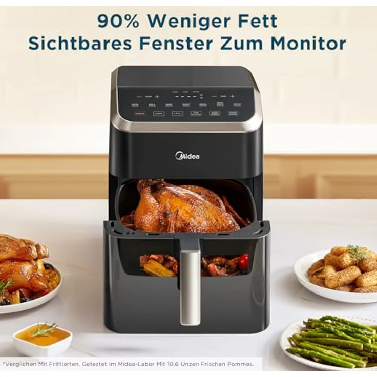 Midea Heißluftfritteuse 7L, Airfryer mit Sichtfenster & Licht, 7 Programme, HeatXpress Technologie, 90% weniger Öl, Antihaft, Schwarz – Bild 3