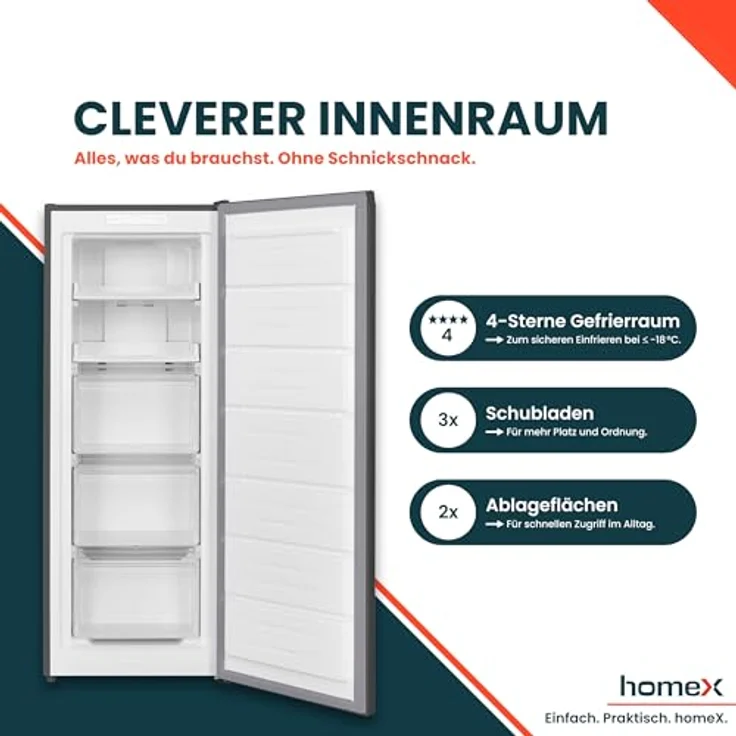 homeX FSN1611E-S Gefrierschrank No Frost, 161L Nutzinhalt, 4-Sterne Gefrierleistung, Super-Frost-Funktion, silber – Bild 4