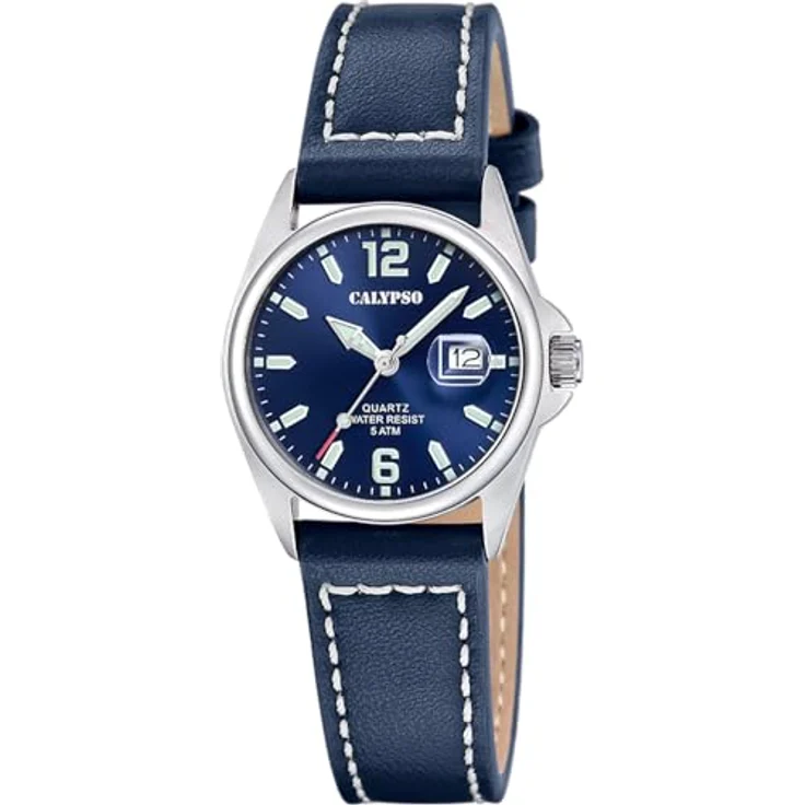 CALYPSO WATCHES Quarzuhr Basic K5871/3, Damenarmbanduhr mit analoger Anzeige, dunkelblauem Lederarmband, 5 bar wasserdicht, silberfarbenes Gehäuse – Bild 1