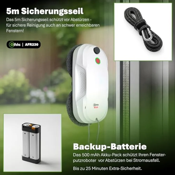 alfda Fensterputzroboter AFR230, 60ml Wassertank mit Sprühfunktion, automatische Saugkraftregulierung, 3200 Pa Saugleistung, inklusive Fernbedienung und Sicherheitsseil – Bild 8
