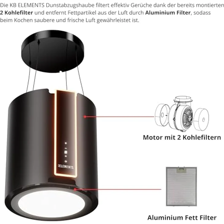 KB ELEMENTS Inselhaube, freihängende Dunstabzugshaube mit 1000 m³/h Saugleistung, Brushless-Motor, Fernbedienung und Touch-Gestensteuerung – Bild 5